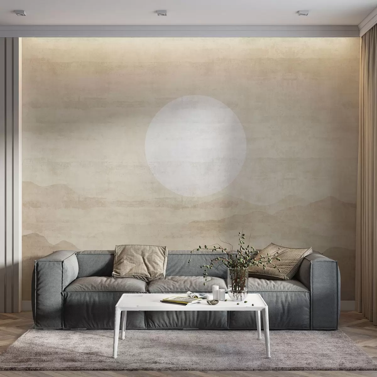 Fototapet Minimalistická horská krajina s velkým bílým sluncem w04345