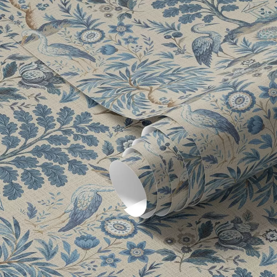 Fototapet Toile de Jouy s modrými ptáky a tropickými stromy a00382