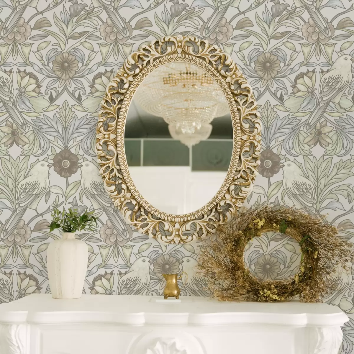 Tapety Secesní ptáci a pastelově stylizované květiny a00385