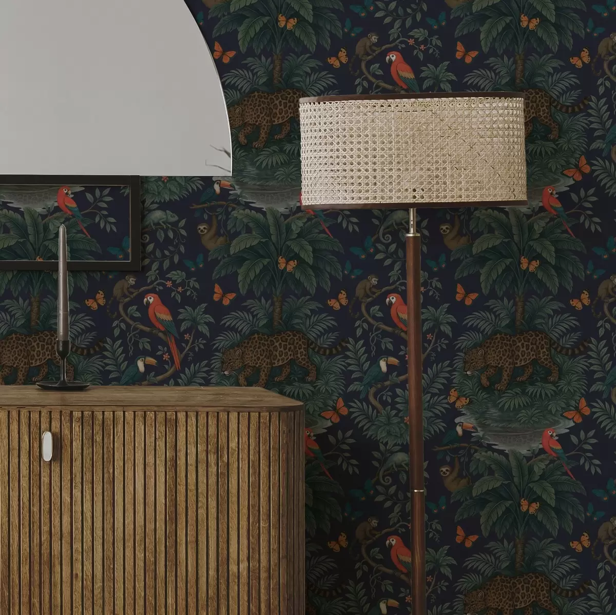 Tapety Tropická džungle s leopardem, leopardem, papoušky a motýly a00388