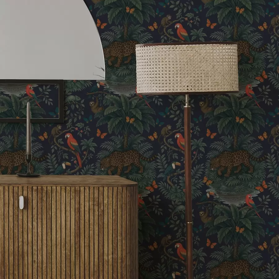 Fototapet Tropická džungle s leopardem, leopardem, papoušky a motýly a00388