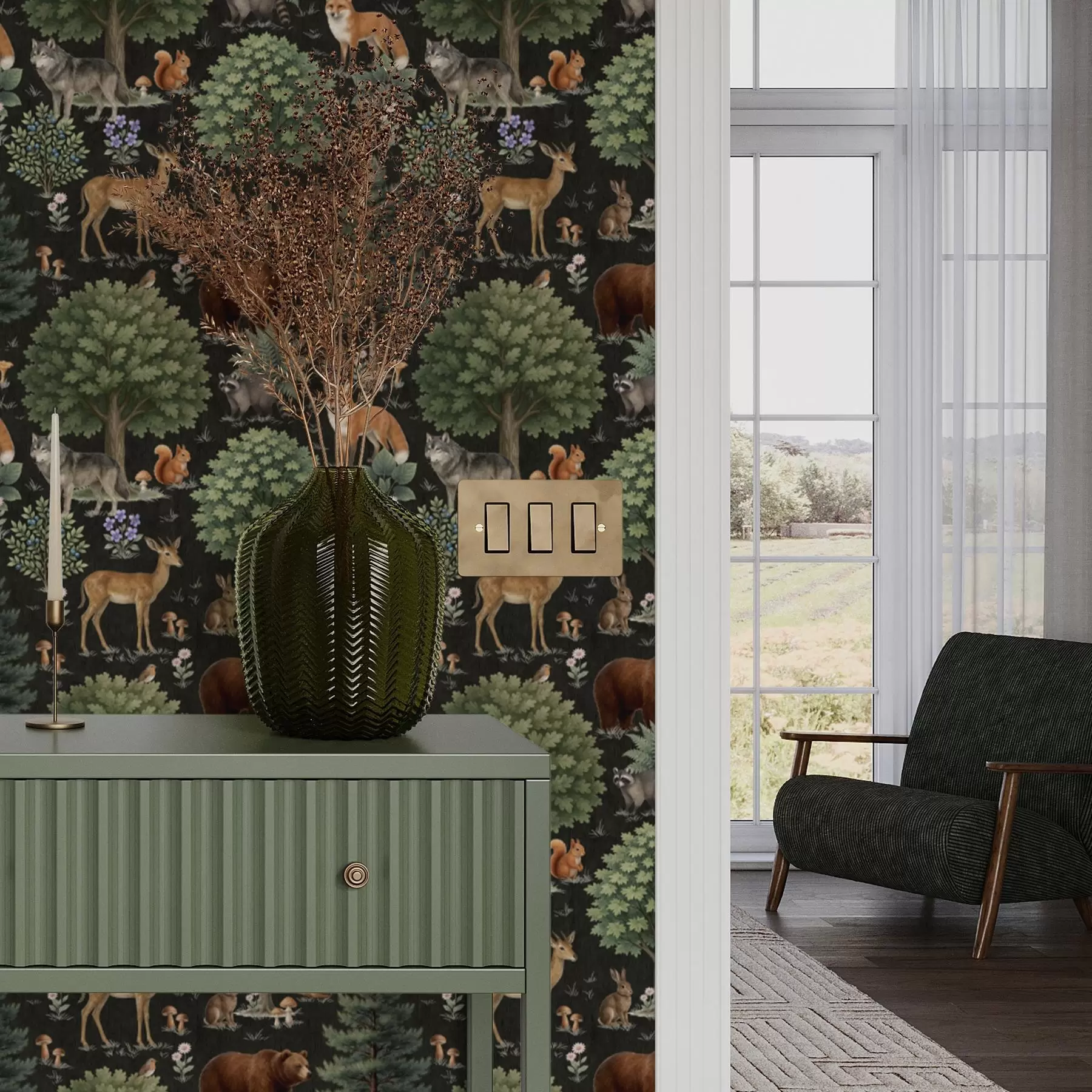 Fototapet Akvarelová lesní zvířata se stromy a houbami a00391