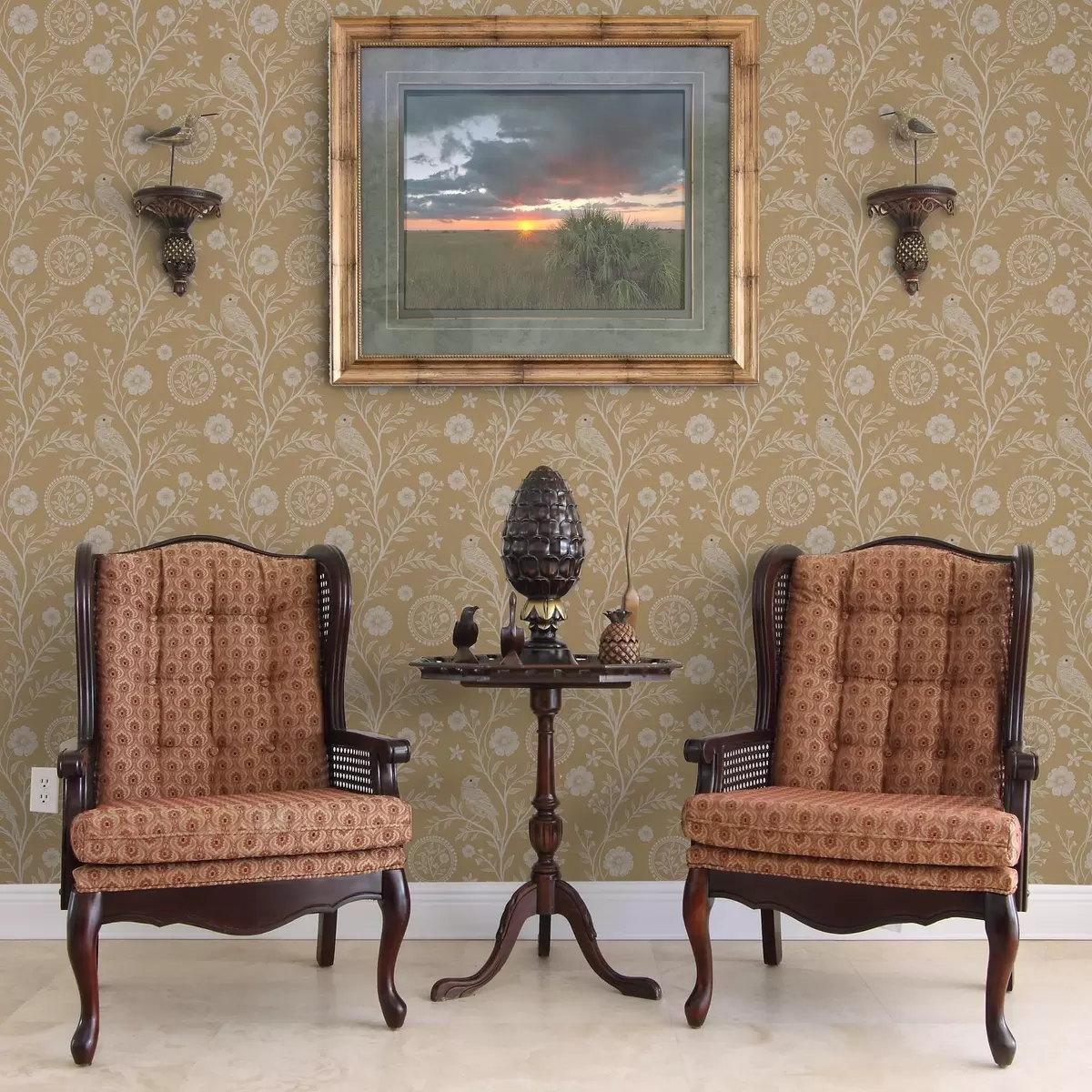 Tapety Jemná skica bílého ptáka a květiny bílý pták a květina na okrovém pozadí a00393