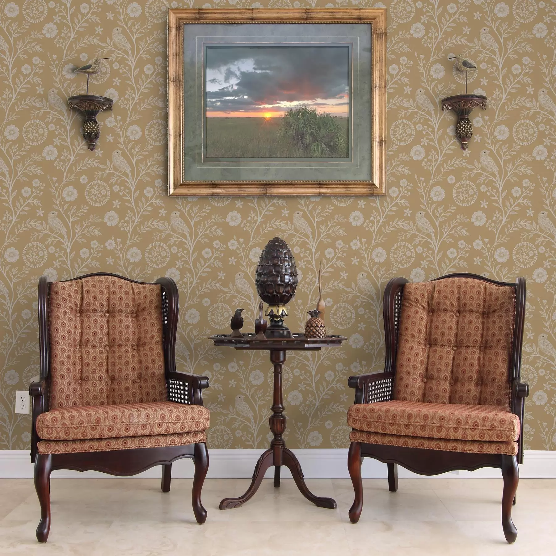 Fototapet Jemná skica bílého ptáka a květiny bílý pták a květina na okrovém pozadí a00393