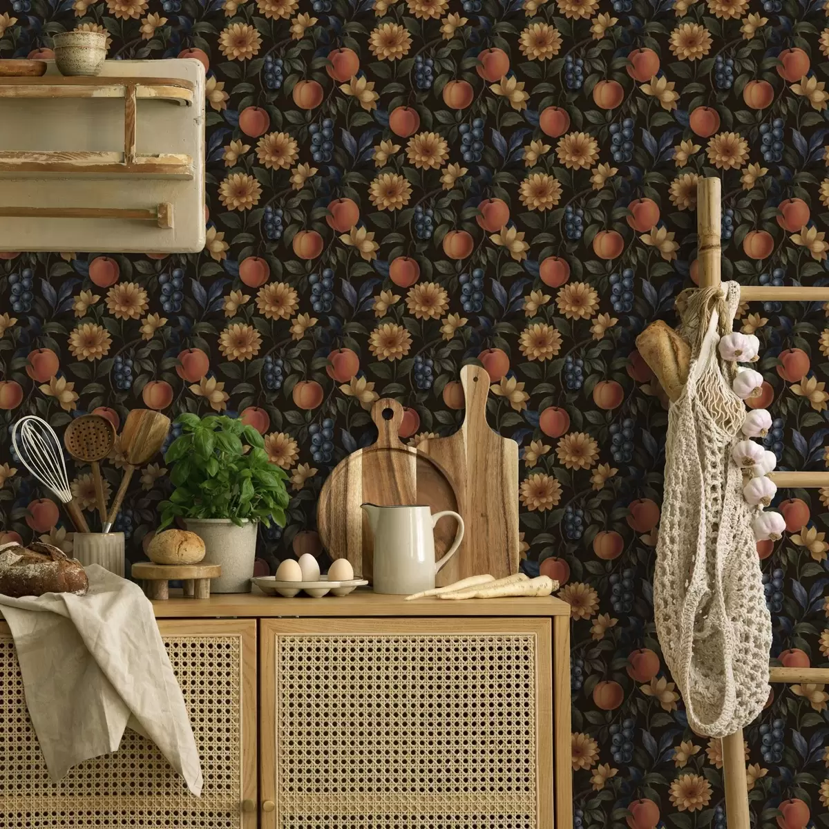 Tapety Ovoce a žluté květy na tmavém botanickém pozadí a00395