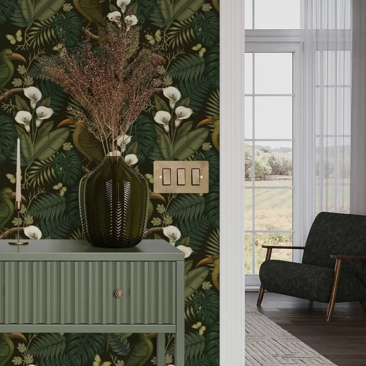 Tapety Tropičtí ptáci a svěží zeleň na tmavém pozadí džungle a00397