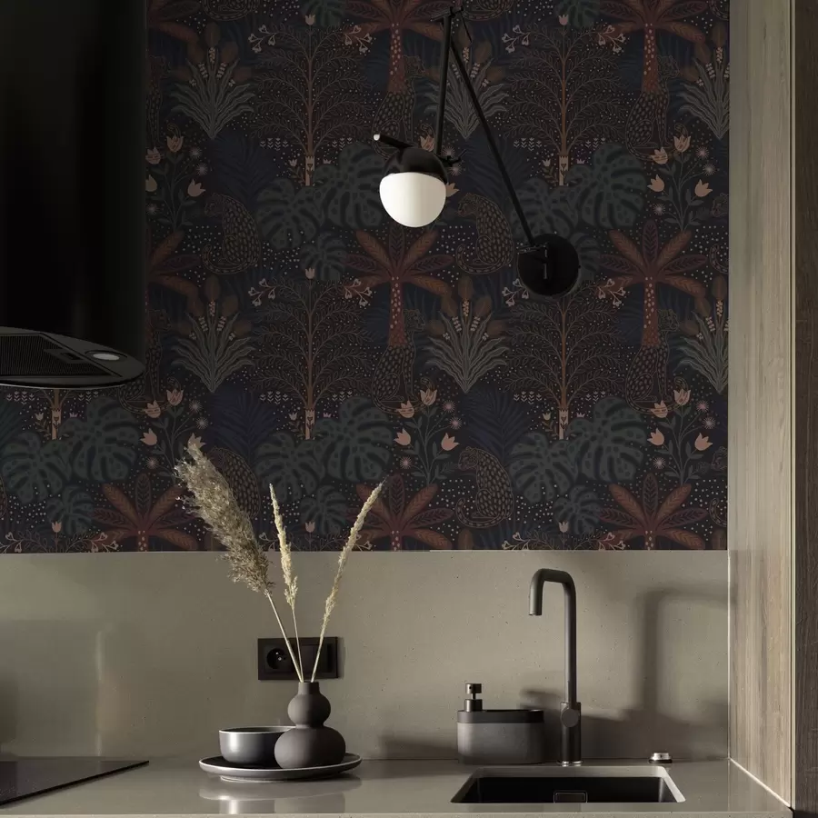 Fototapet Tmavá džungle s leopardy, palmami a květinami a00424