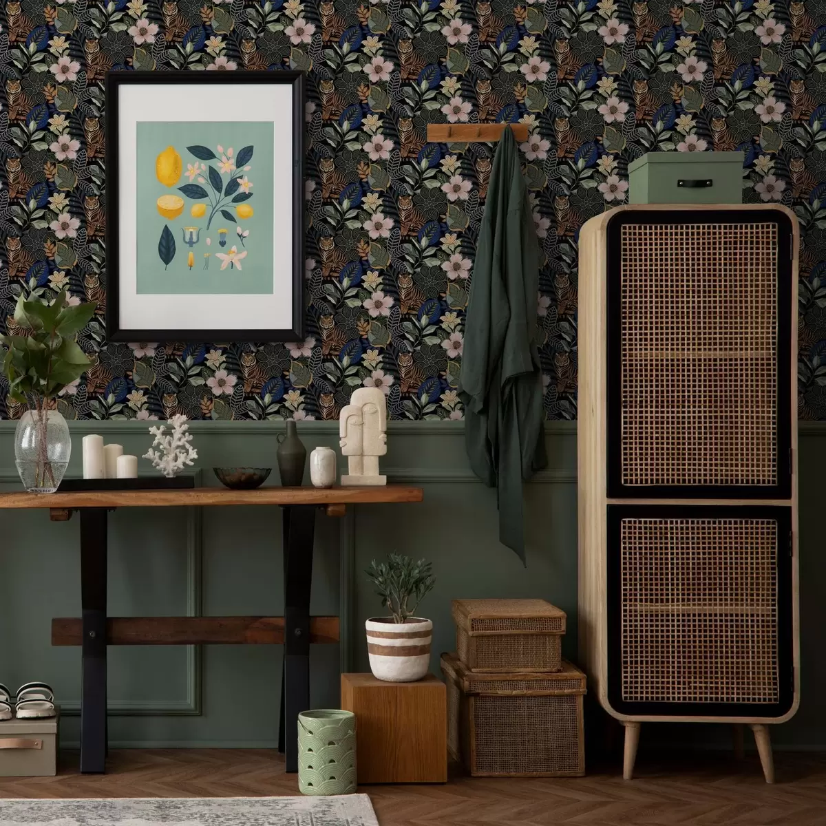 Tapety Tygři mezi pestrými tropickými květy a listy a00426