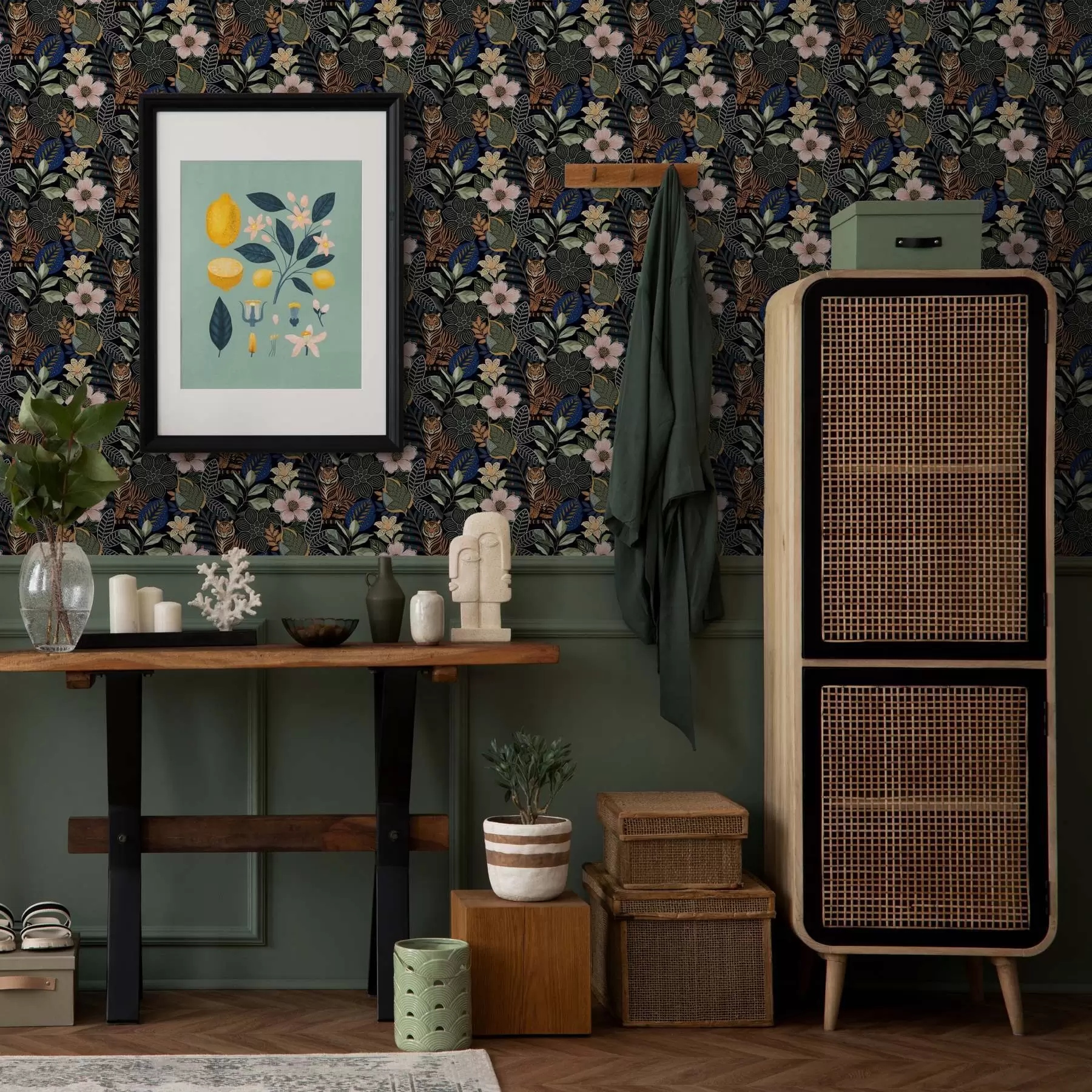 Fototapet Tygři mezi pestrými tropickými květy a listy a00426