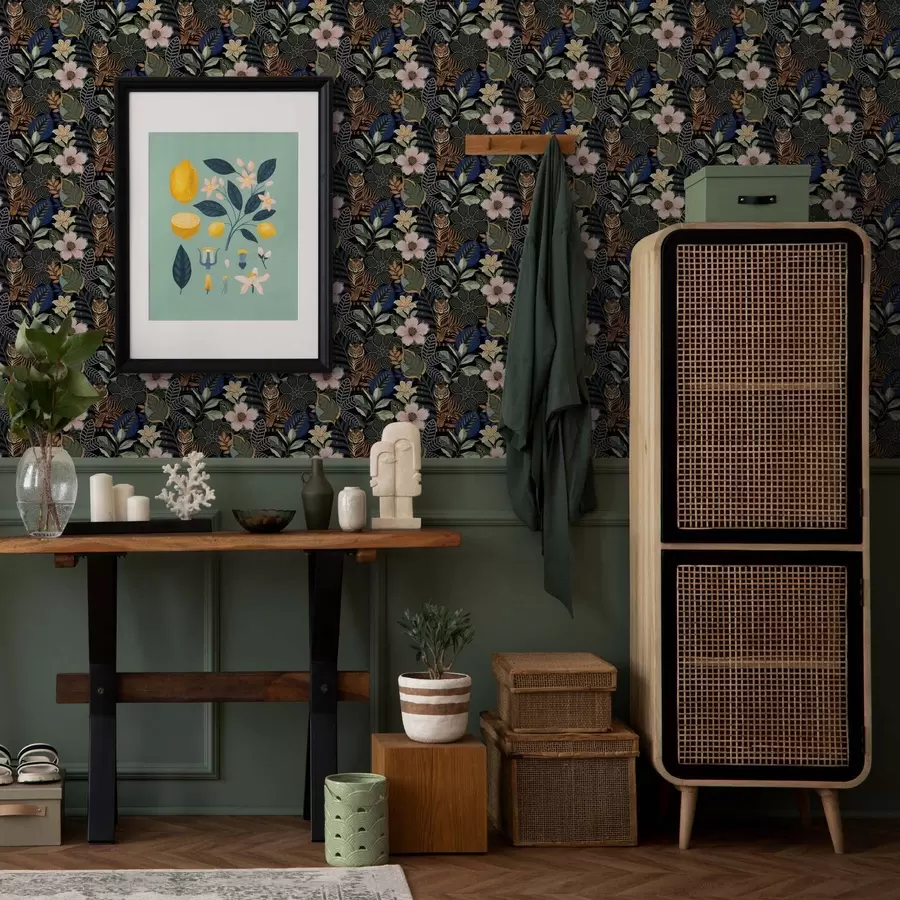 Fototapet Tygři mezi pestrými tropickými květy a listy a00426