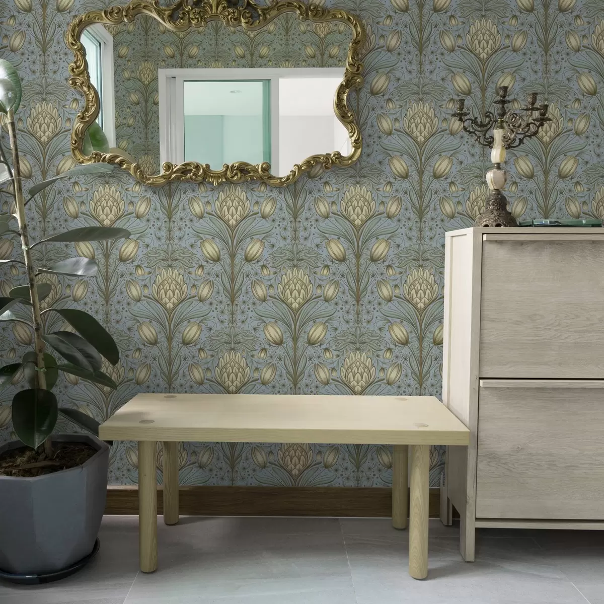 Tapety Modrý vzor s artyčoky a tulipány a00435