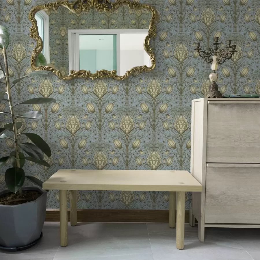 Fototapet Modrý vzor s artyčoky a tulipány a00435