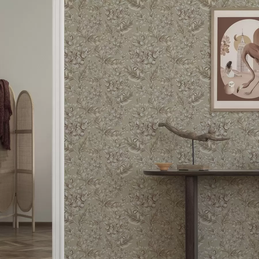 Fototapet Béžové větve s bílými květy v teplých odstínech a00441