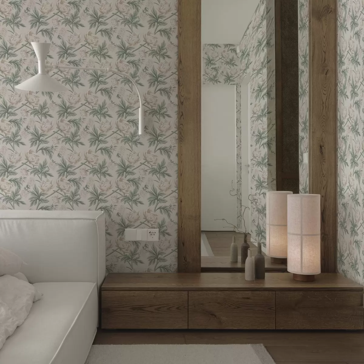 Tapety Svěží pivoňky ve světle béžové a zelené béžové a zelené barvě a00445