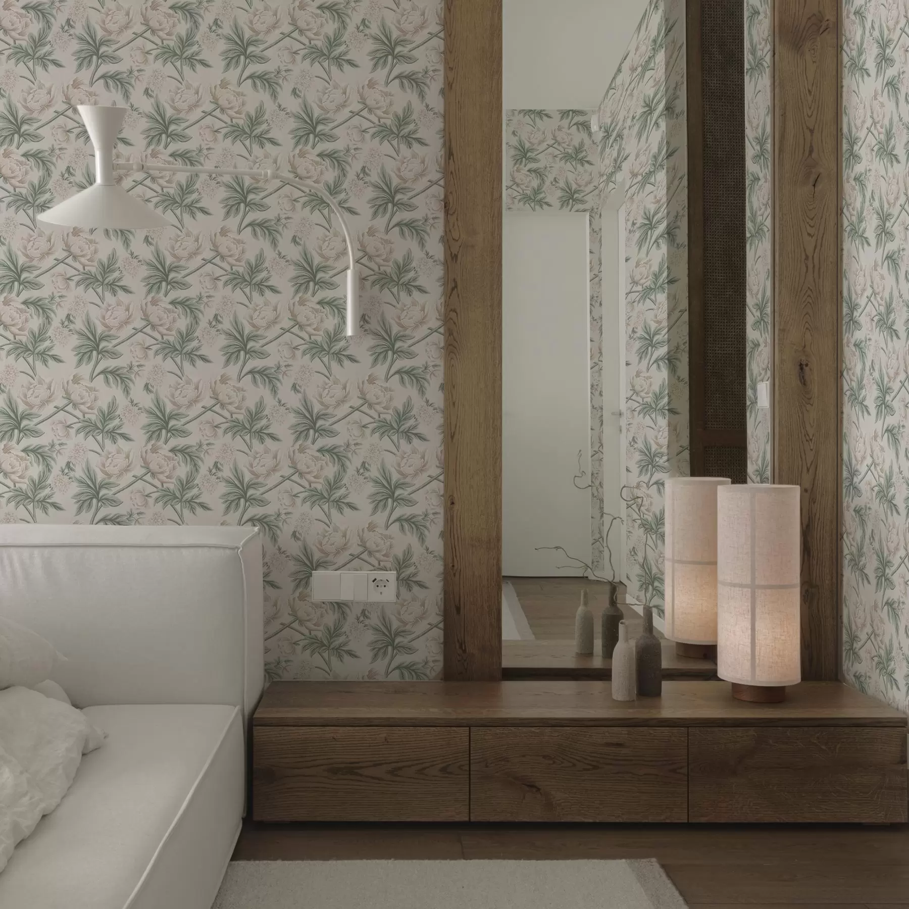 Fototapet Svěží pivoňky ve světle béžové a zelené béžové a zelené barvě a00445