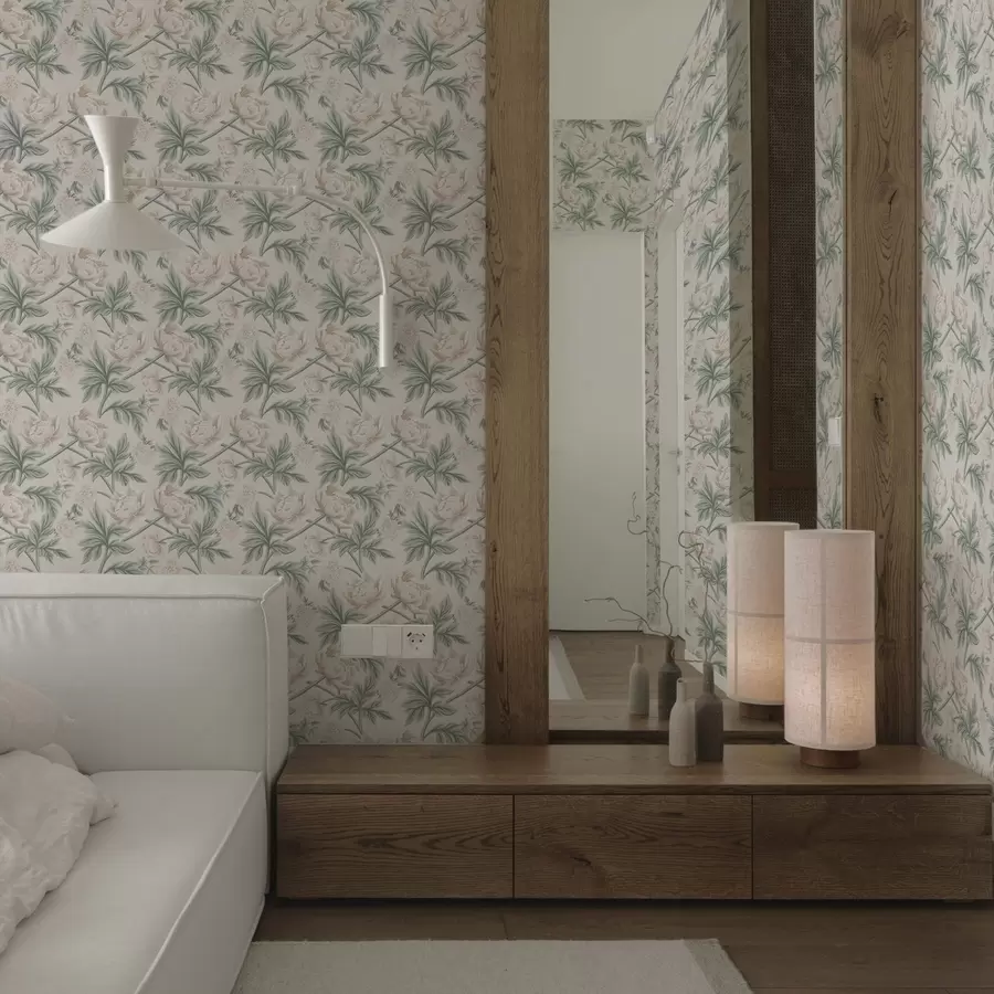 Fototapet Svěží pivoňky ve světle béžové a zelené béžové a zelené barvě a00445