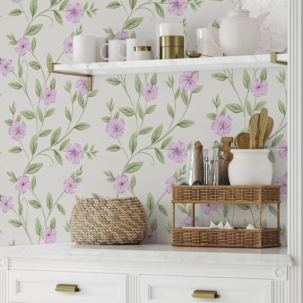 Tapety Růžové květy se zelenými liánami na krémovém pozadí a00453