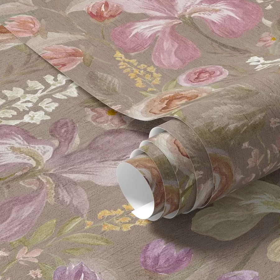 Fototapet Vintage růžový vzor kosatce na béžovém texturovaném pozadí a00457