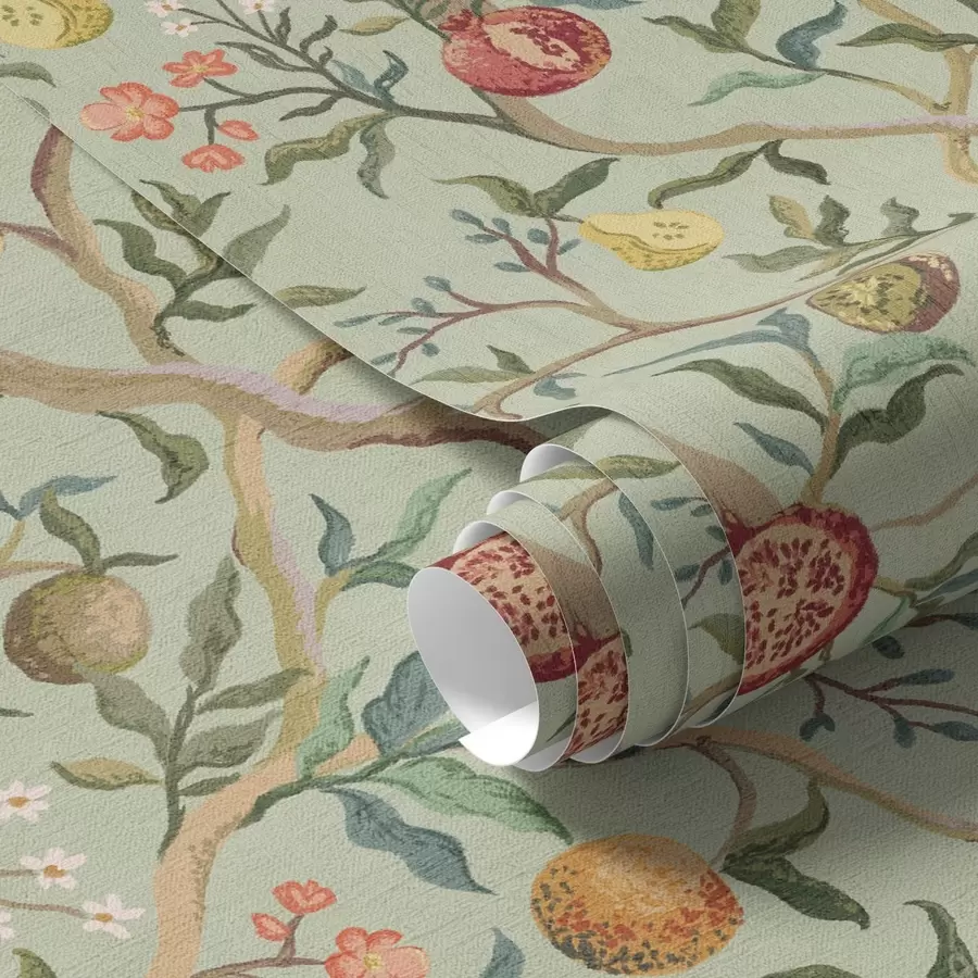 Fototapet Plody granátového jablka, hrušky a květy na světle zeleném pozadí a00465