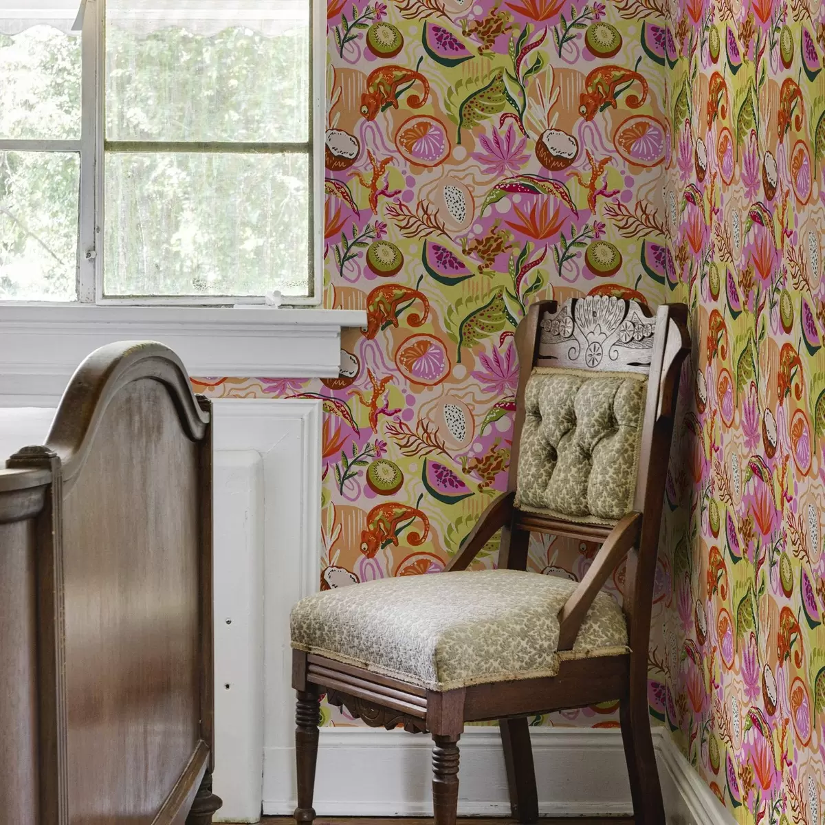 Tapety Exotické ovoce, listy a chameleoni v tropickém stylu a00469