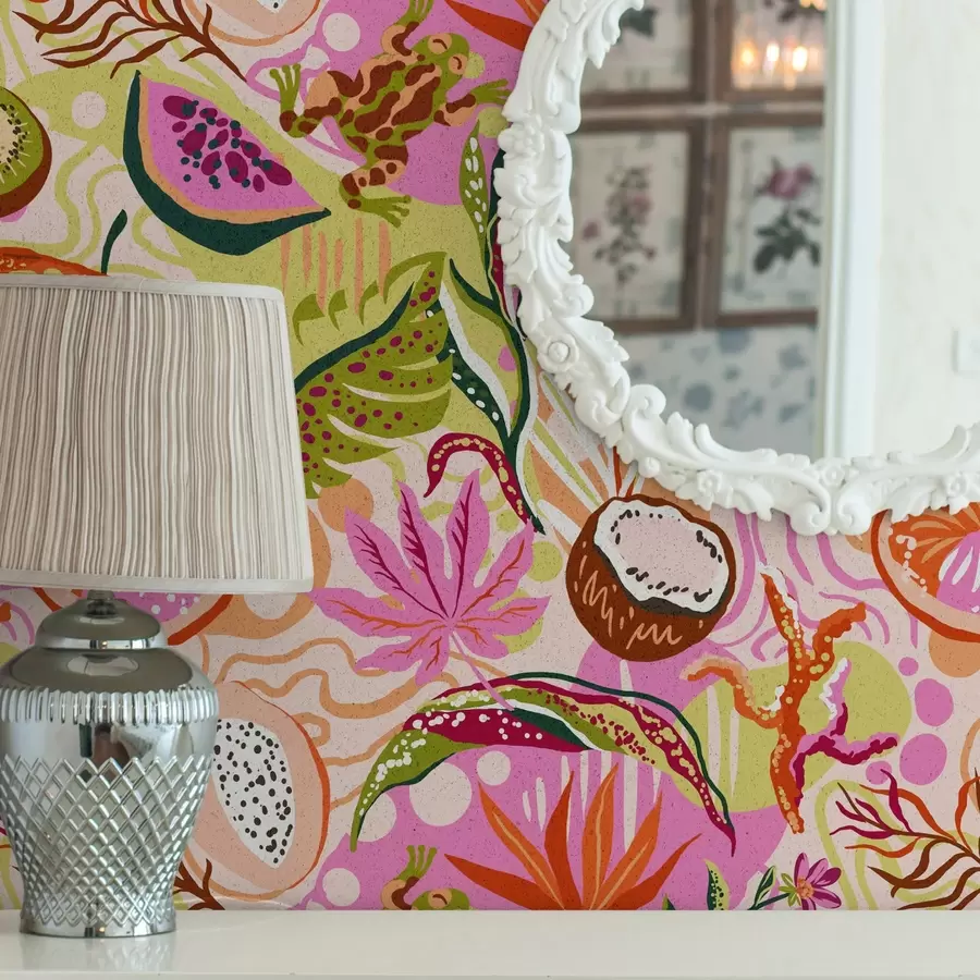 Fototapet Exotické ovoce, listy a chameleoni v tropickém stylu a00469