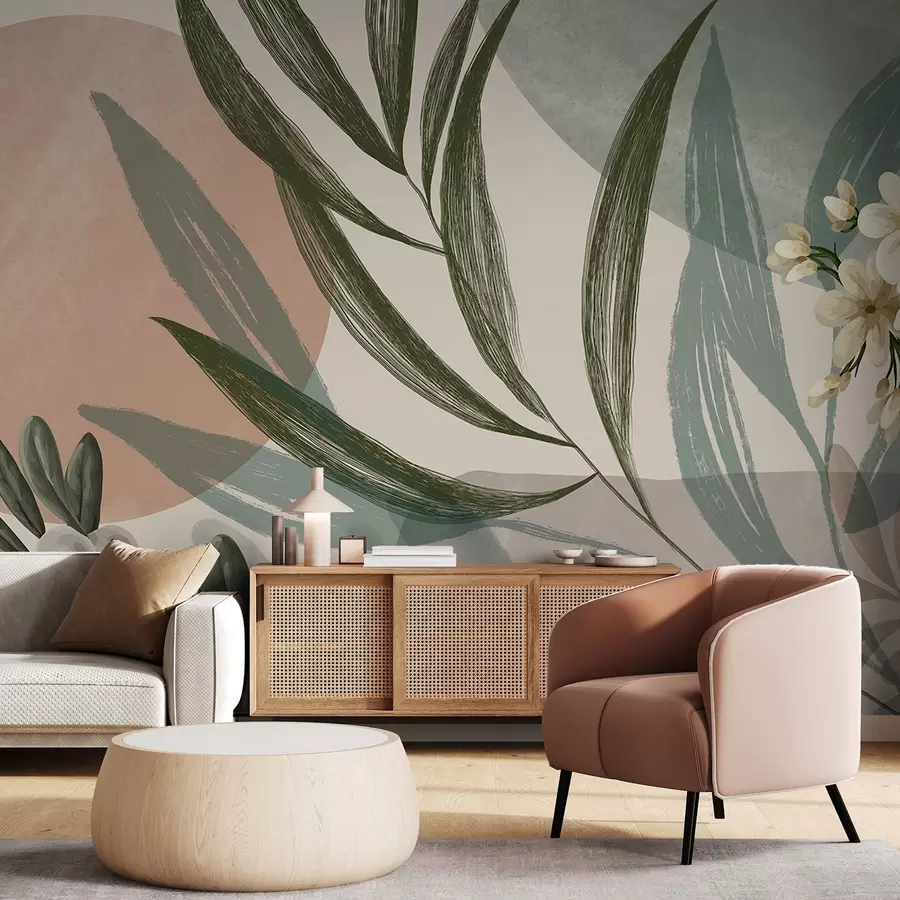 Fototapet Abstraktní botanické umění se zelenými palmovými listy a bílými bobulemi na pozadí tvarů v tlumených zemitých tónech w09312