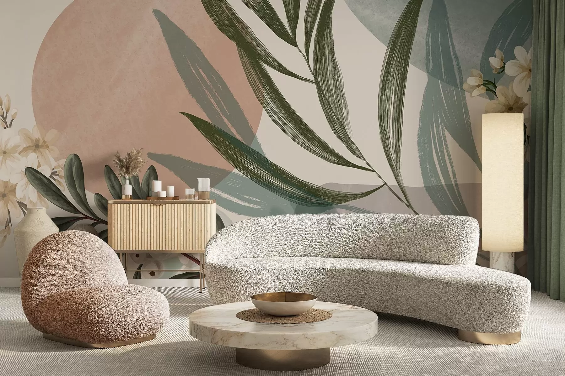 Fototapet Abstraktní botanické umění se zelenými palmovými listy a bílými bobulemi na pozadí tvarů v tlumených zemitých tónech w09312