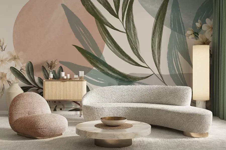 Fototapet Abstraktní botanické umění se zelenými palmovými listy a bílými bobulemi na pozadí tvarů v tlumených zemitých tónech w09312