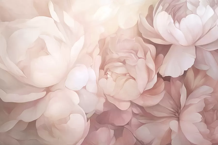 Fototapet Světle pastelově růžové pivoňky s měkkými, strukturovanými jemnými okvětními lístky, uspořádané těsně vedle sebe, vytvářejí husté květinové umění, měkké osvětlení w09319
