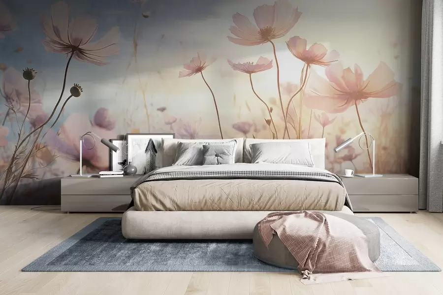 Fototapet Pole růžových květů s dlouhými stonky na pozadí jemné modré a žluté oblohy, které vytváří snovou atmosféru w09320