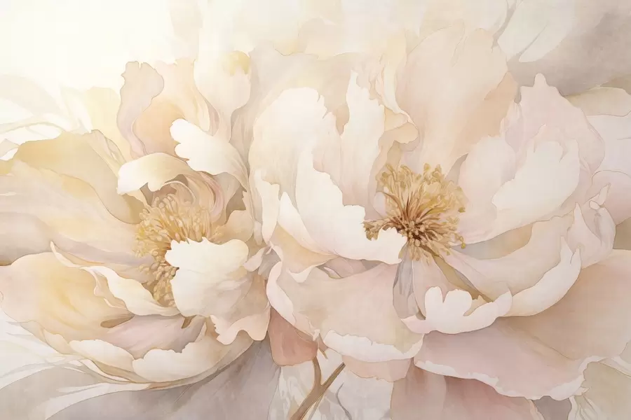 Fototapet Květy pivoňky s jemnými okvětními lístky v odstínech krémové broskvové a světle růžové s jemnou, akvarelovou strukturou w09321