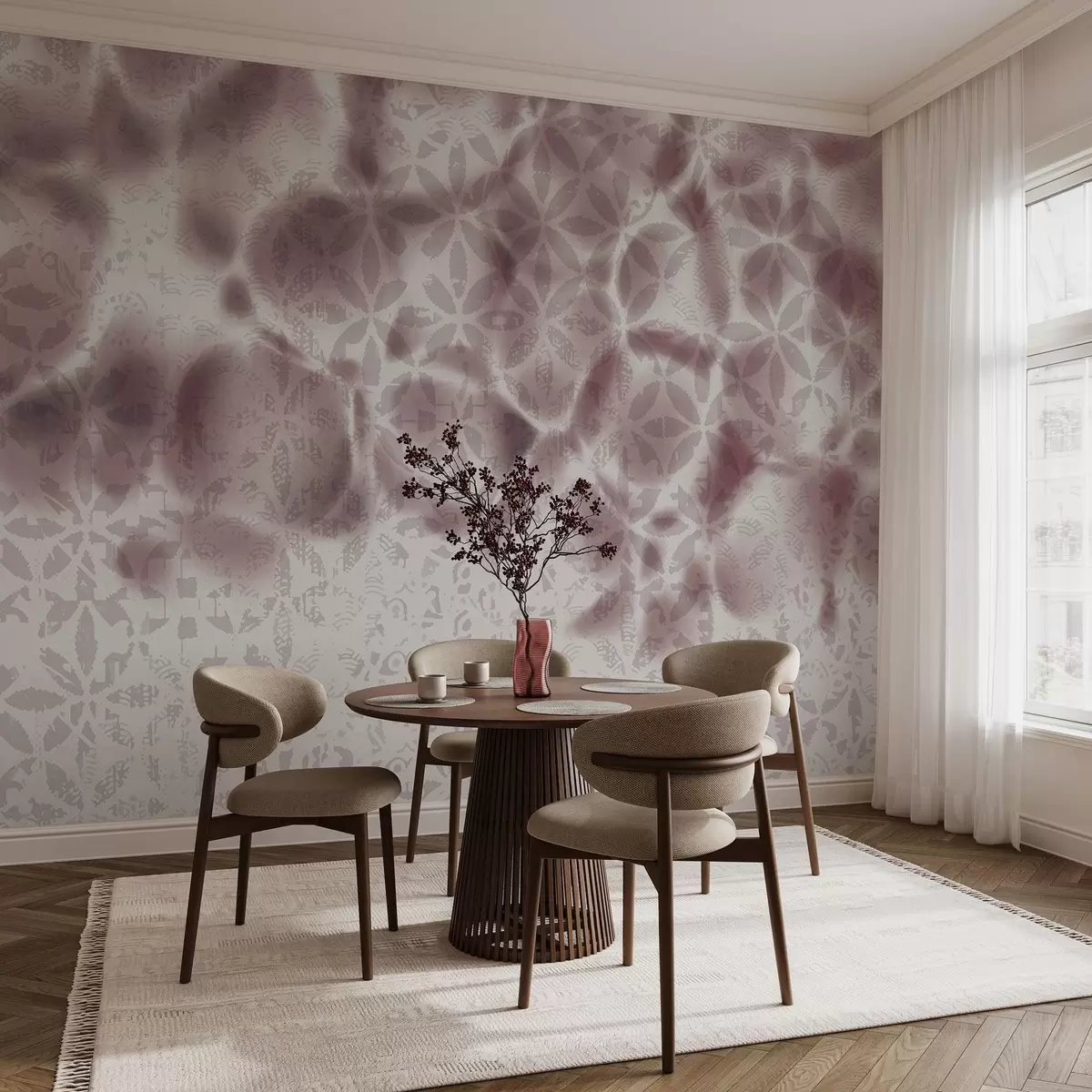 Fototapet Abstraktní texturované umění s květinovým potiskem bordo, vybledlým a rozmazaným efektem, vytvářejícím jemnou a zasněnou atmosféru w09322v1