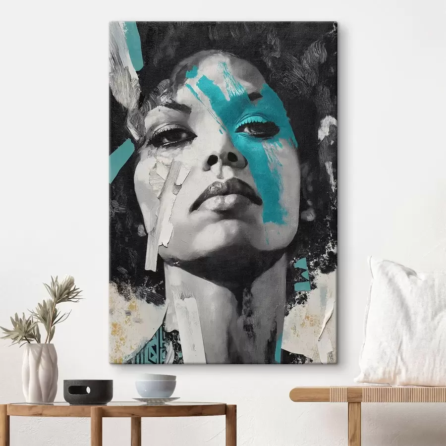 Obraz Portrét ve smíšených médiích s fragmenty barevných tahů a textur Č. s45416