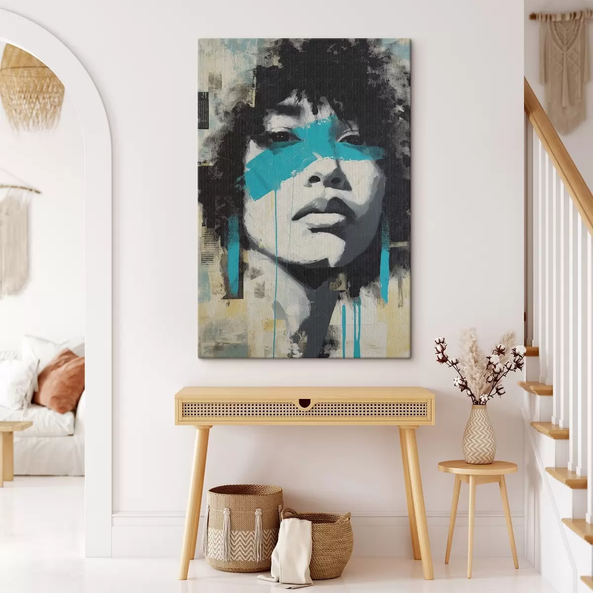 Obraz Portrét ve smíšených médiích s fragmenty barevných tahů a textur Č. s45417