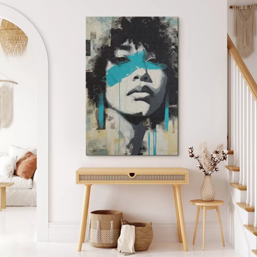 Obraz Portrét ve smíšených médiích s fragmenty barevných tahů a textur Č. s45417