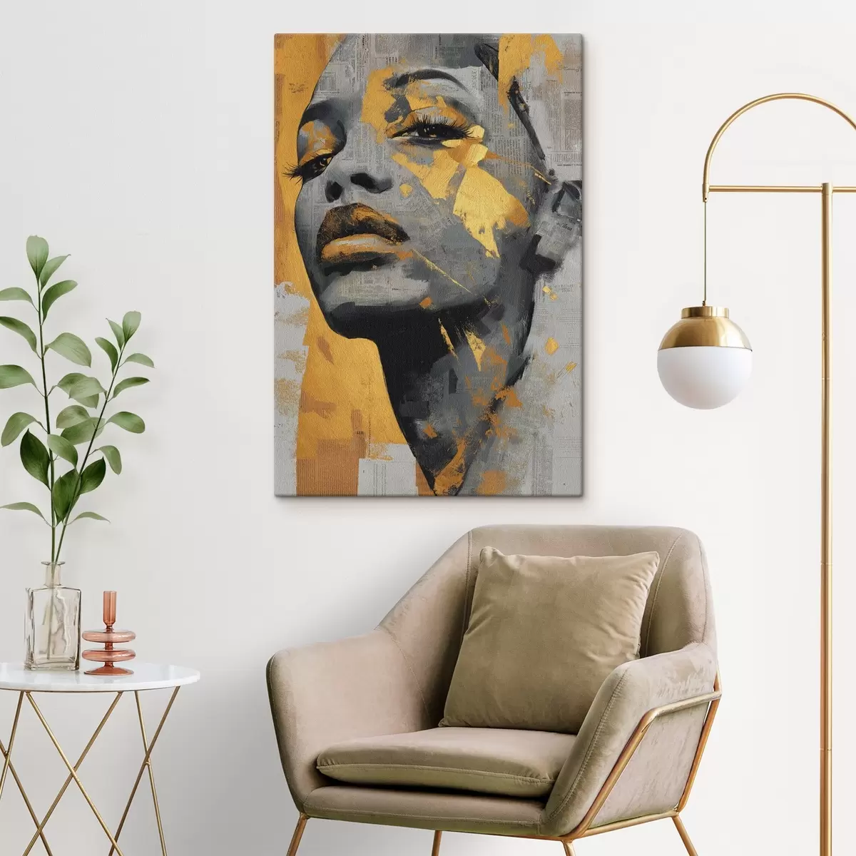 Obraz Portrét ve smíšených médiích s fragmenty novin a dekorativními tahy štětce Č. s45419