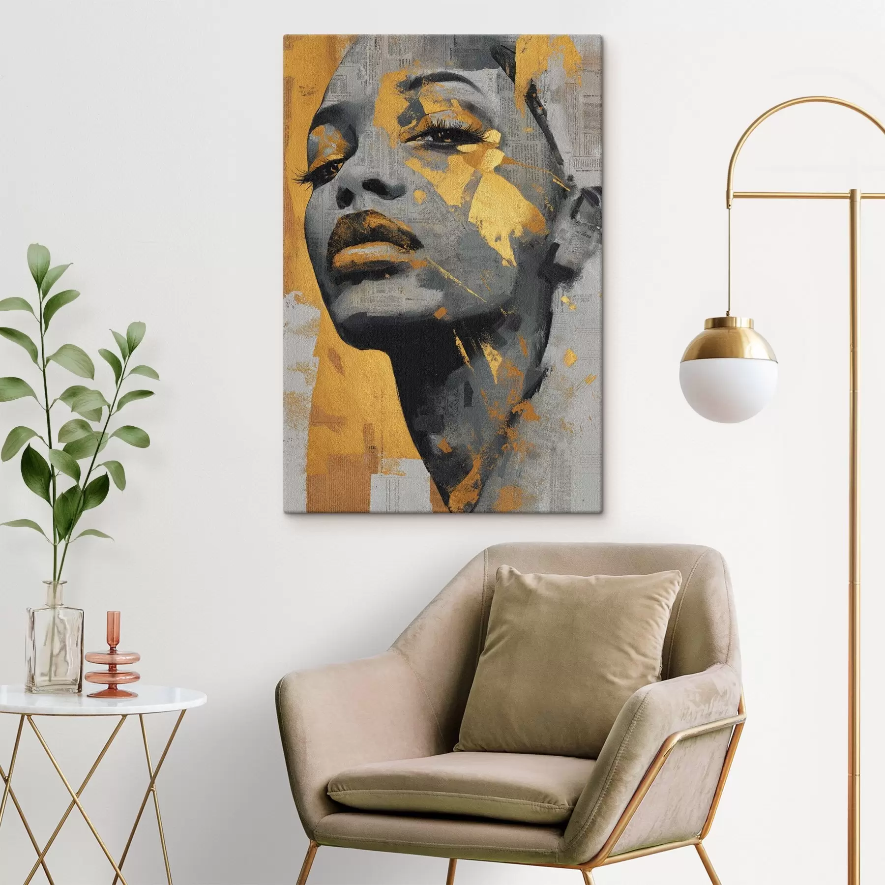 Obraz Portrét ve smíšených médiích s fragmenty novin a dekorativními tahy štětce Č. s45419