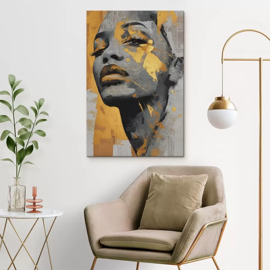 Obraz Portrét ve smíšených médiích s fragmenty novin a dekorativními tahy štětce Č. s45419