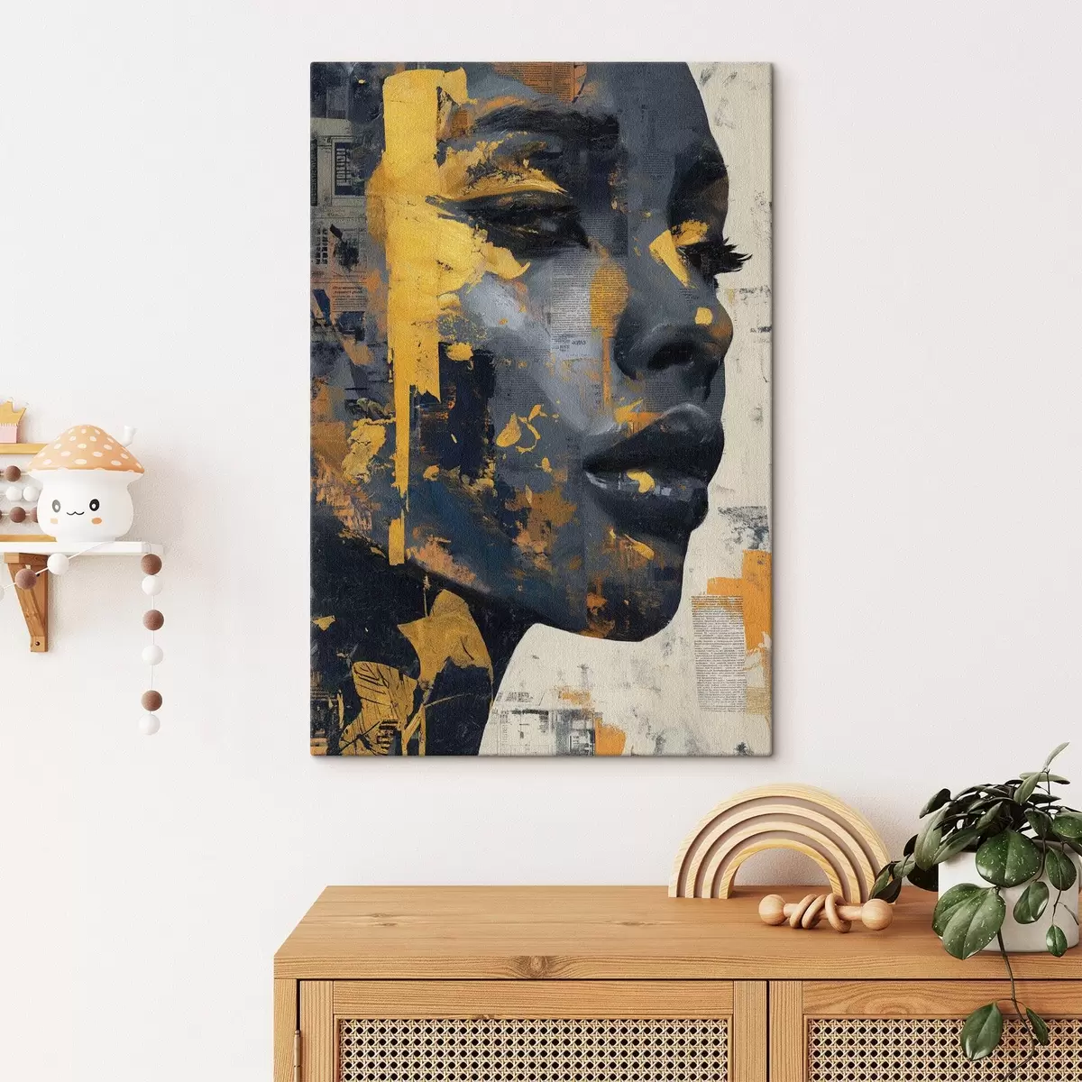 Obraz Portrét ve smíšených médiích s fragmenty novin a dekorativními tahy štětce Č. s45420