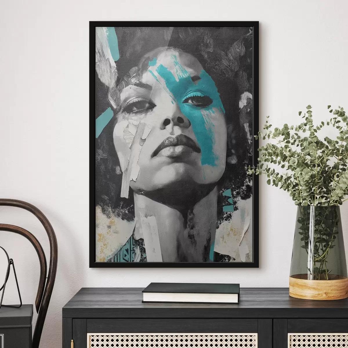 Poster Portrét ve smíšených médiích s fragmenty barevných tahů a textur f45416