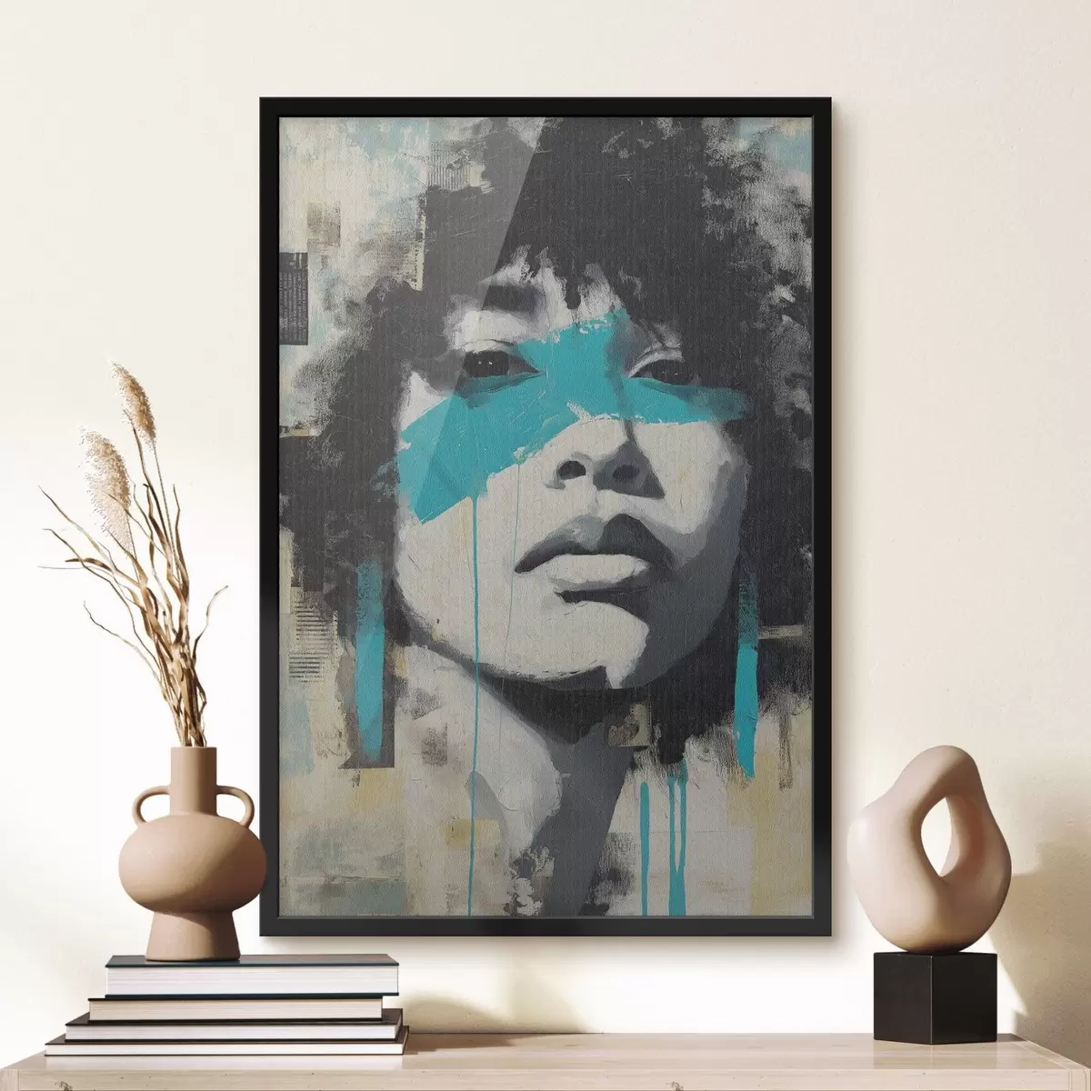 Poster Portrét ve smíšených médiích s fragmenty barevných tahů a textur f45417