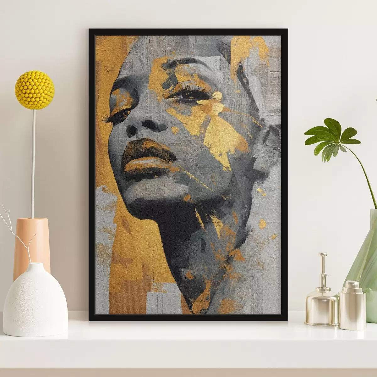 Poster Portrét ve smíšených médiích s fragmenty novin a dekorativními tahy štětce f45419