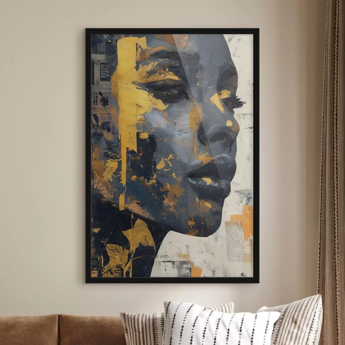 Poster Portrét ve smíšených médiích s fragmenty novin a dekorativními tahy štětce f45420