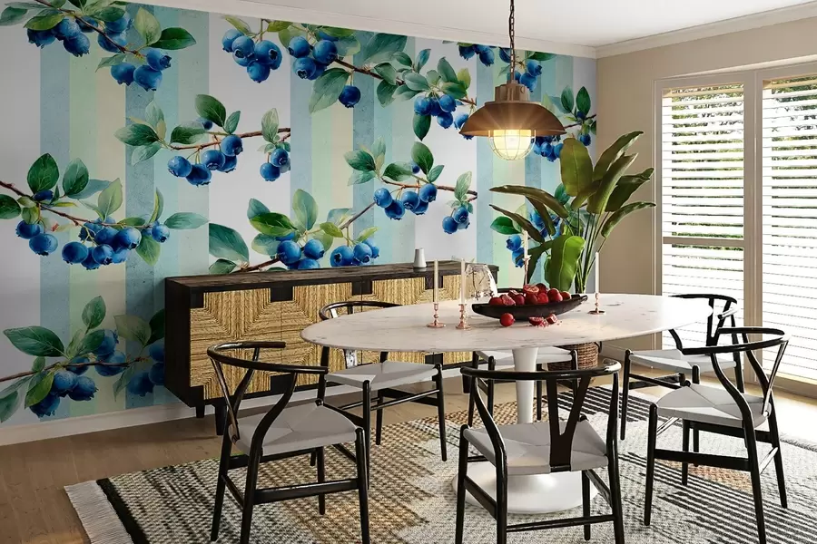 Fototapet trsy borůvek na pruhovaném pozadí w04307