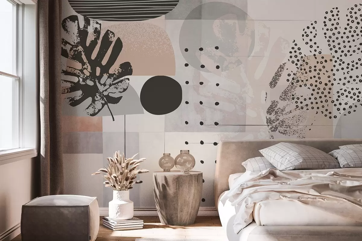 Fototapet Abstraktní potisk s geometrickými tvary a tropickými listy monstery, kruhy, tečkami a čarami, moderní a minimalistický design w09333