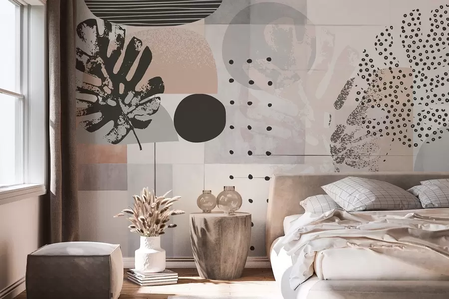 Fototapet Abstraktní potisk s geometrickými tvary a tropickými listy monstery, kruhy, tečkami a čarami, moderní a minimalistický design w09333