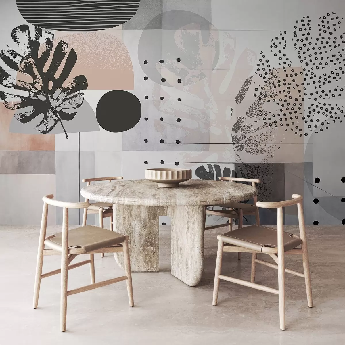 Fototapet Abstraktní potisk s geometrickými tvary a tropickými listy monstery, kruhy, tečkami a čarami, moderní a minimalistický design w09333