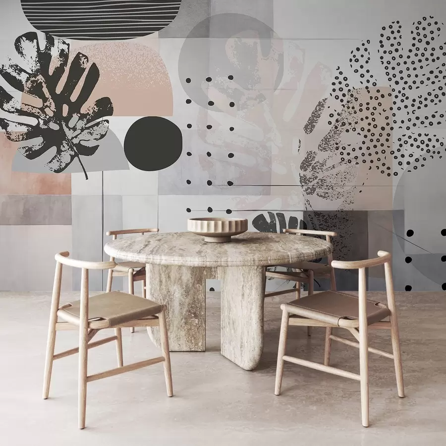 Fototapet Abstraktní potisk s geometrickými tvary a tropickými listy monstery, kruhy, tečkami a čarami, moderní a minimalistický design w09333