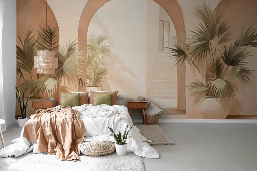 Fototapet Texturované oblouky s rostlinami v květináčích, světle béžová barevná paleta, minimalistický design, schodiště v pozadí w09339