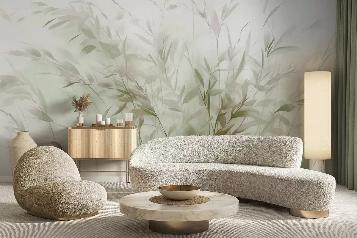 Fototapet Tráva a plevel s tenkými listy a stonky, světle zelené a hnědé barvy, jemné a delikátní tahy štětcem, minimalistický tisk w09342